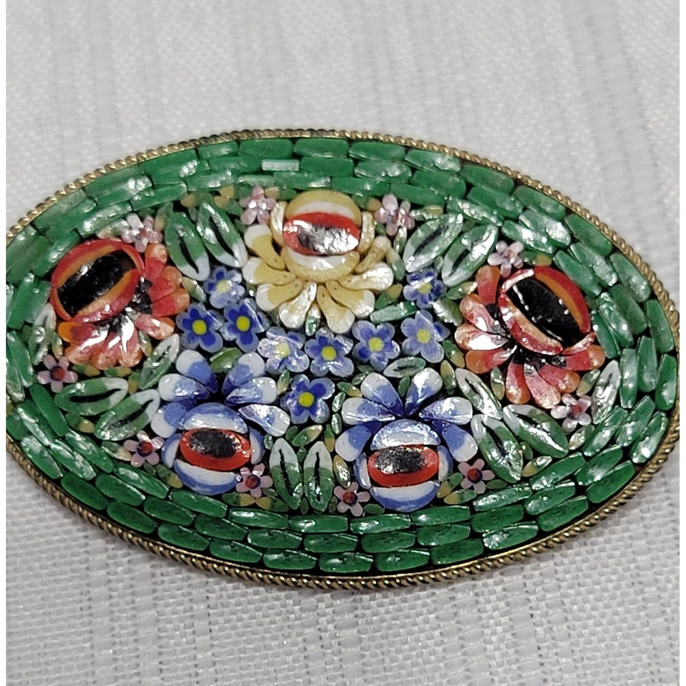 Vintage Italian Micro Mosaic Floral Brooch Oval Brass Pin Made in Italy